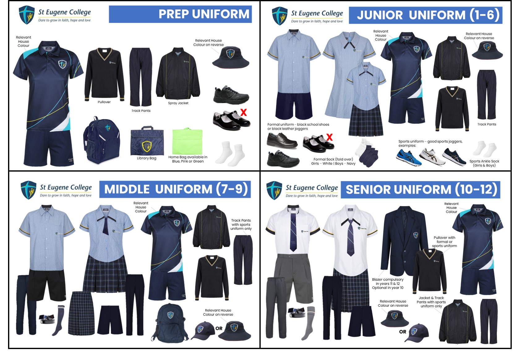 This image is a visual guide to the approved St Eugene College uniforms for all year levels. The content is presented as an infographic divided into four clearly labelled sections: Prep Uniform, Junior Uniform (Years 1–6), Middle Uniform (Years 7–9) and Senior Uniform (Years 10–12). Each section shows photographs of uniform items laid out individually rather than worn by students. The school crest and colour palette are consistent across all items. The uniforms are predominantly navy blue, light blue, grey and black, with gold and teal accent details. Red cross symbols are used to indicate footwear that is not permitted.
